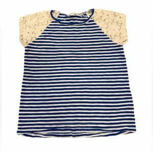Crewcuts Navy and White Striped Tee with Eyelet Sleeves- Size 8
